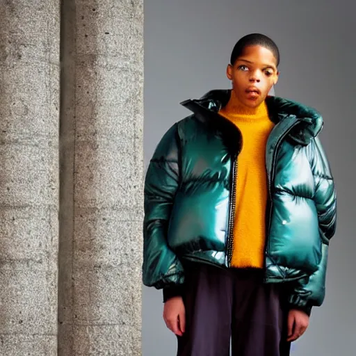 Image similar to realistic photoshooting for a new balenciaga lookbook color film photography portrait of a beautiful woman model, model wears a puffer jacket, photo in style of tyler mitchell, wes anderson