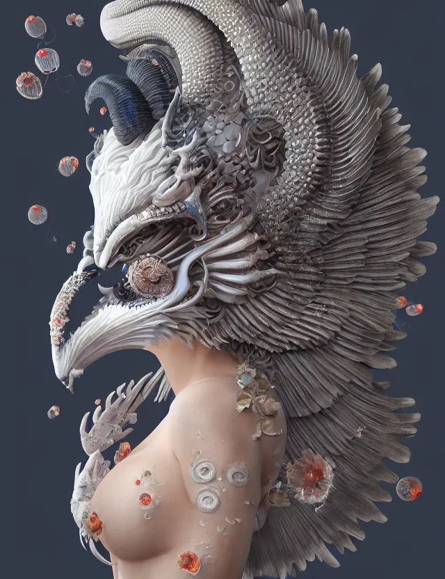 Image similar to 3 d goddess close - up 3 / 4 portrait with ram skull. beautiful intricately detailed japanese crow kitsune mask and clasical japanese kimono. betta fish, jellyfish phoenix, bio luminescent, plasma, ice, water, wind, creature, artwork by tooth wu and wlop and beeple and greg rutkowski