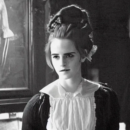 Image similar to emma watson 1 8 0 0 s in a busy saloon, black - and - white photo,