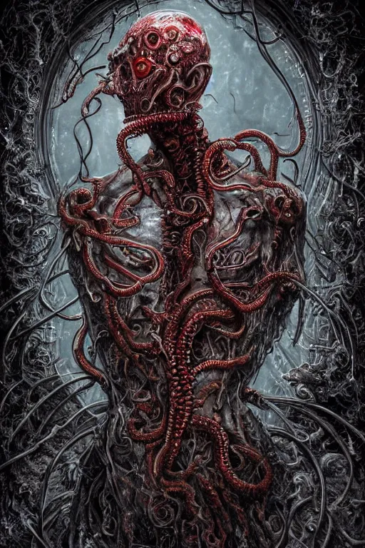 Image similar to realistic portrait of beautifully crystalized and detailed portrait of a biomech zombie with gasmask, tentacles, tendrils, eldritch, matte painting of cinematic movie scene red dragon, horror, created by gustave dore and greg rutkowski, high detailed, smooth draw, synthwave neon retro, intricate, realistic proportions, dramatic lighting, trending on artstation.