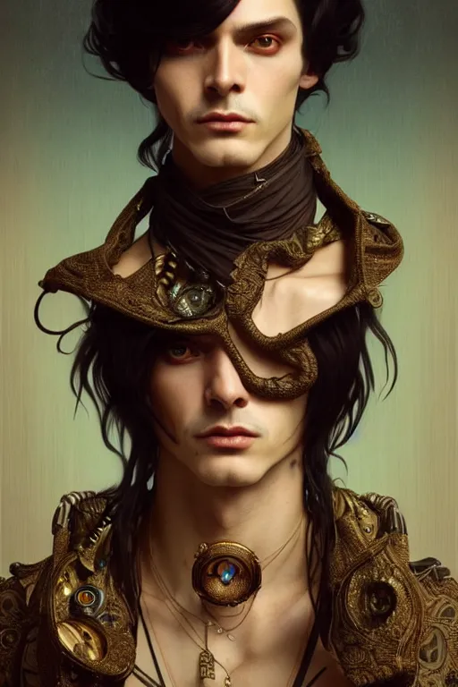 Image similar to ultra realistic, thin man in expensive stylish modern clothes, black hair, brown eyes, occult jewelry, fantasy, intricate details, eerie, highly detailed, octane render, 8 k, art by artgerm and alphonse mucha and greg rutkowski