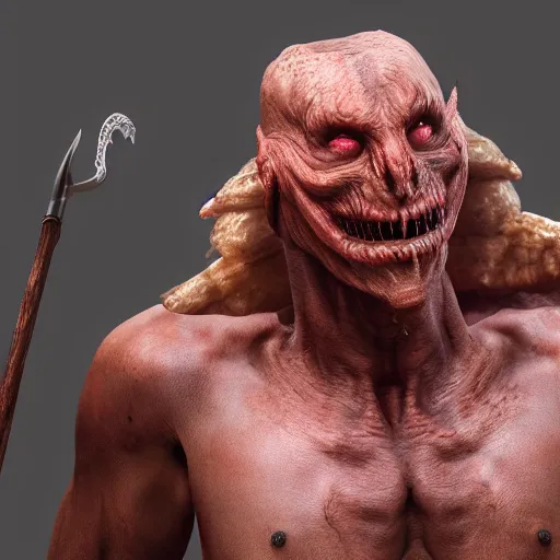 Image similar to cinematography picture of monster with angel wings and human skin, no eyes, long jaw, holding a spear, 8k, unreal engine 5, ps5, hyperrealistic, artstation, higly detailed