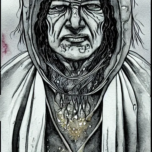 Image similar to very very very old shaman burns from the inside out, old gray haired mexican mage fire from inside, close his eyes with no pain, watercolor ink painting, in the style of jean giraud, in the style of moebius trending on artstation deviantart pinterest detailed realistic hd 8 k high resolution