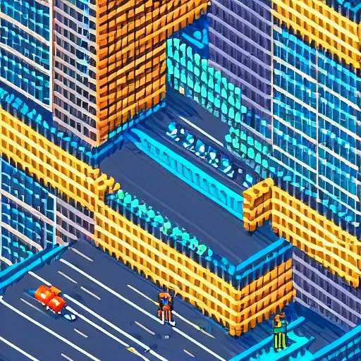 Prompt: pixelart illustration of an isometric cyberpunk city