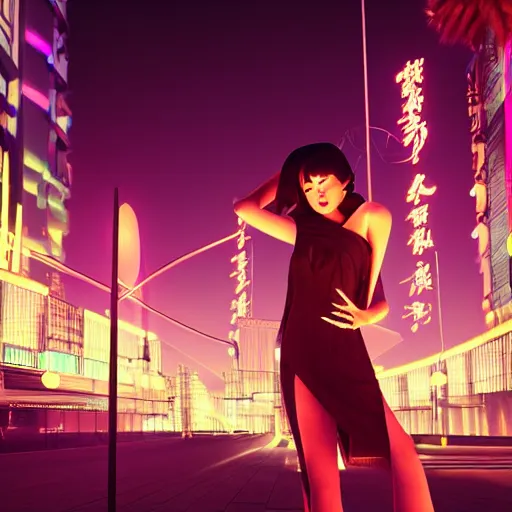 Image similar to innovative avant-garde art, deco fashion, asian women, neon lights, highly detailed, photorealistic portrait, serene night desert setting, moon light, crisp quality and light reflections, unreal engine 5 quality render