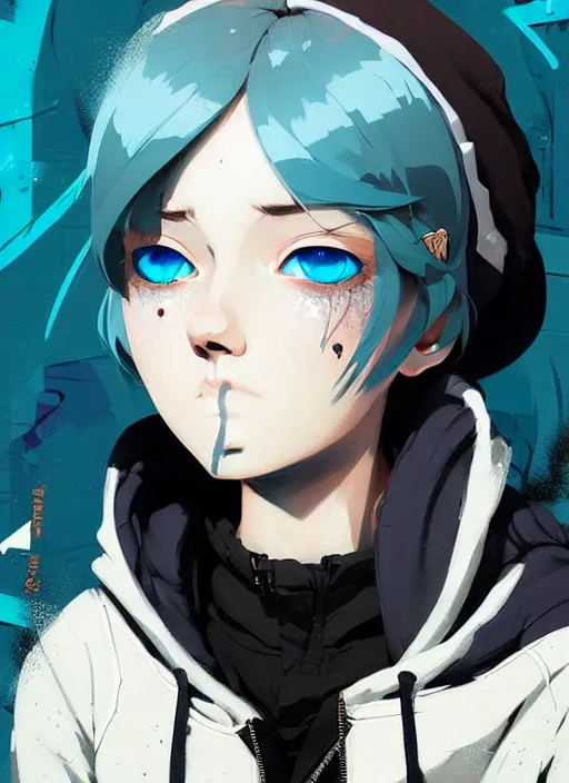 Image similar to highly detailed portrait of a sewer punk lady student, blue eyes, patchwork hoodie, white hair by atey ghailan, by greg rutkowski, by greg tocchini, by james gilleard, by joe fenton, by kaethe butcher, gradient blue, black, brown and cyan color scheme, grunge aesthetic!!! ( ( graffiti tag wall background ) )