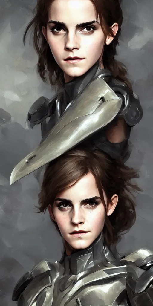 Image similar to fully body fashion model fantasy emma watson wearing military armor long dark hair beautiful bone structure symmetrical facial features intricate elegant digital painting concept art smooth sharp focus illustration from Metal Gear by Ruan Jia and Mandy Jurgens by Artgerm by William-Adolphe Bouguerea