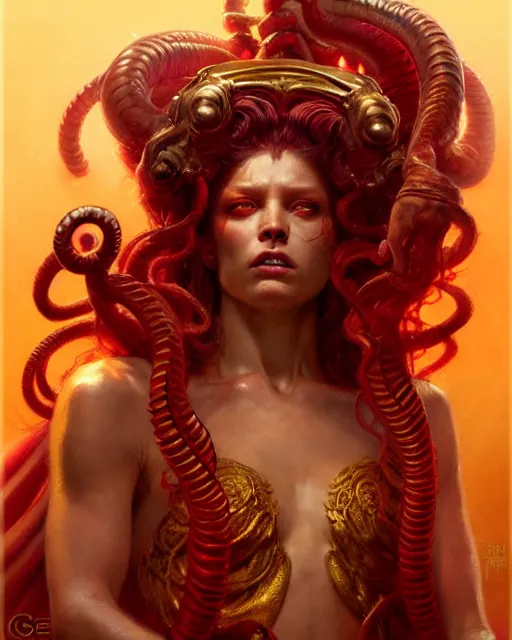 Image similar to fierce medusa in a red and golden robe, fantasy character portrait, ultra realistic, concept art, intricate details, highly detailed by greg rutkowski, gaston bussiere, craig mullins, simon bisley