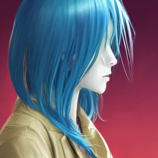 Prompt: side profile of rimuru tempest with sky blue hair, long hair, sharp face, gold eyes, high collar, black jacket | shiny, highly detailed, rain, professional digital painting, concept art, award - winning photography, cinematic, wlop | art by pixiv art, yoshitaka amano, junki ito