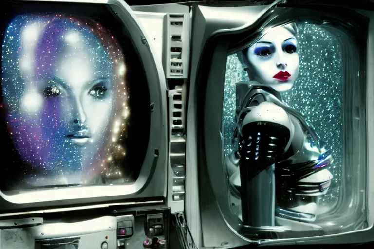 Image similar to beautiful woman robot sitting inside of a galaxy fridge, from 1985, bathed in the glow of a crt television, crt screens in background, low-light photograph, in style of chrome hearts