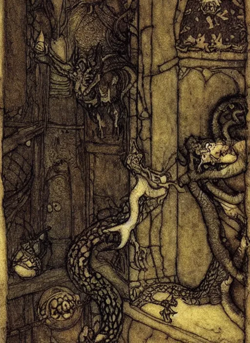 Prompt: fantasy cute small dragon in a room by john bauer, arthur rackham