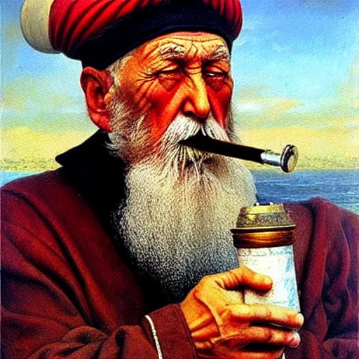 Image similar to painting of sailor hobo hyperrealism vasily vereshchagin holding a pipe