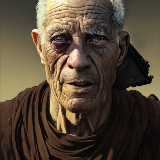 Image similar to portrait painting of a post - apocalyptic older american eyeless man wearing monk garbs with a scrap pauldron, ultra realistic, concept art, intricate details, eerie, highly detailed, photorealistic, octane render, 8 k, unreal engine. art by artgerm and greg rutkowski and charlie bowater and magali villeneuve and alphonse mucha