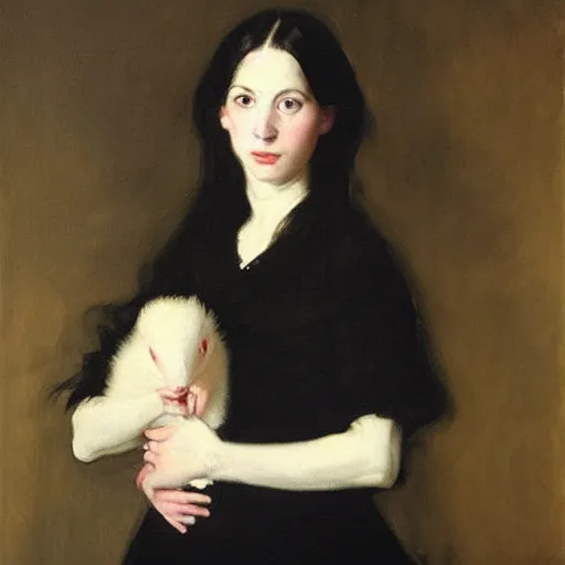 Image similar to “ a portrait of a dark haired girl holding an albino rat, very detailed, oil painting, madame x, dark background, by of john singer sargent ”