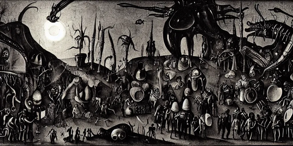 Prompt: aliens in black handing over artifacts to a politician, night scene, inspired by hieronymus bosch, concept art