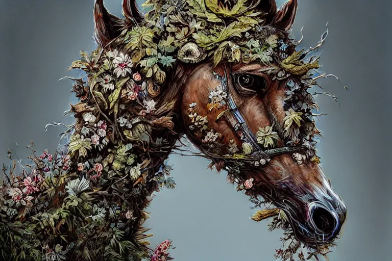 Image similar to a stunning horse made of gnarled wood and plants by sandra chevrier and greg rutkowski, high key lighting, volumetric light, digital art, highly detailed, fine detail, intricate, ornate, complex, octane render, unreal engine, photorealistic