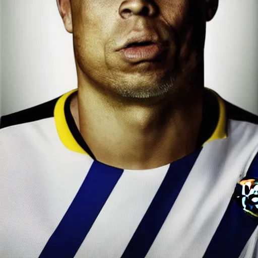 Prompt: fc barcelona, ronaldo nazario fenomeno, head and shoulders shot, portrait, photograph by martin schoeller