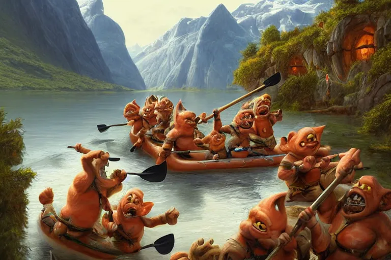 Image similar to a group of goblins paddling on a raft in a norwegian fjord by justin gerard by tyler edlin