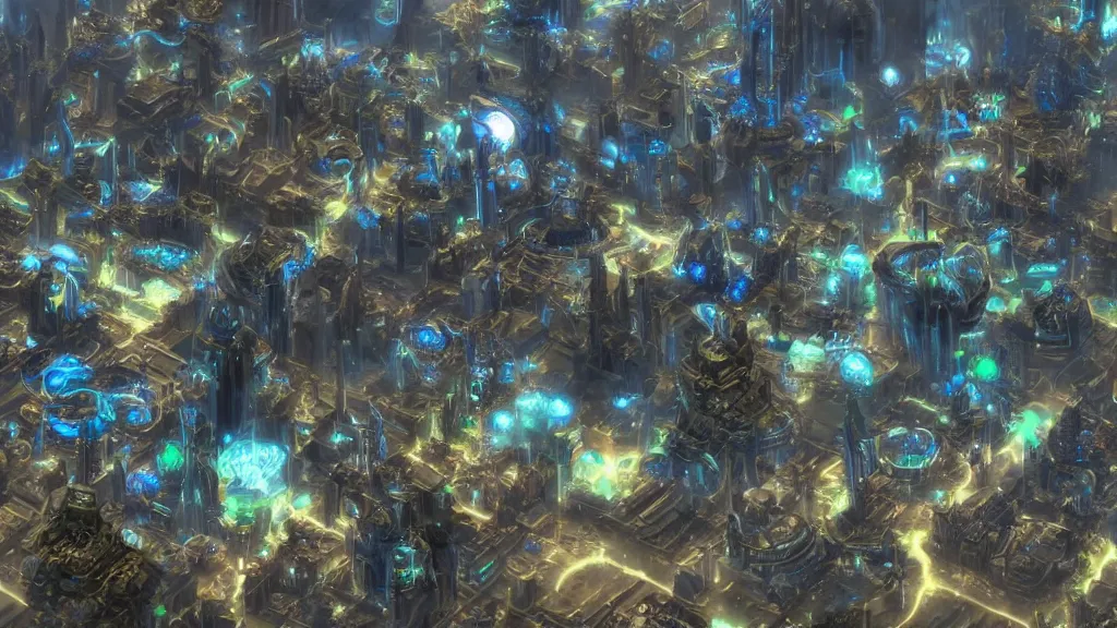 Prompt: a city that looks like protoss from starcraft 2
