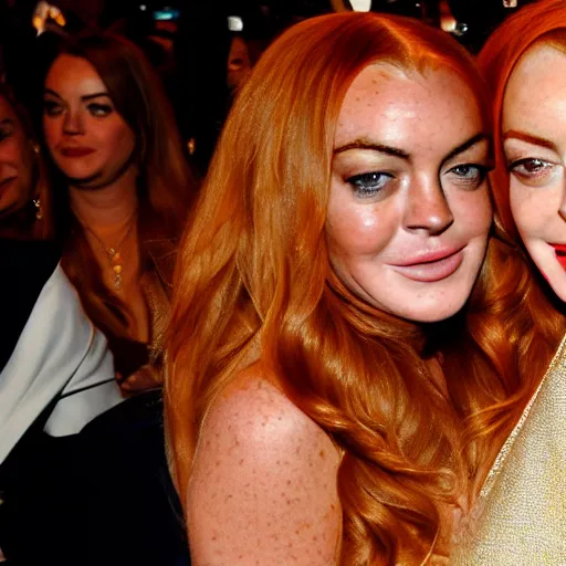 Image similar to Selfie photograph of Lindsay Lohan and Lindsay Lohan, golden hour, 8k,