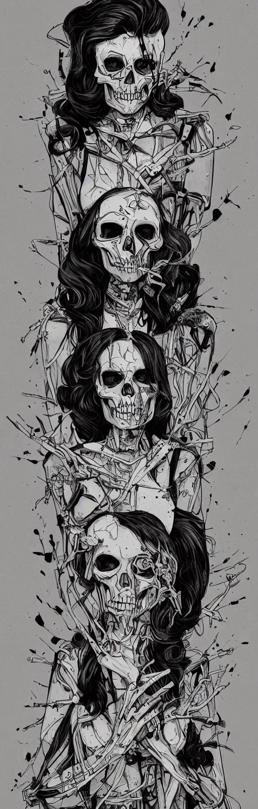 Image similar to a colorfully detailed comic noir style illustration of a beautiful woman wearing a skeleton suit in a post-apocalyptic desert by queens of the stone age and sachin teng, dark vibes, street art, cinematic, high contrast, depth of field