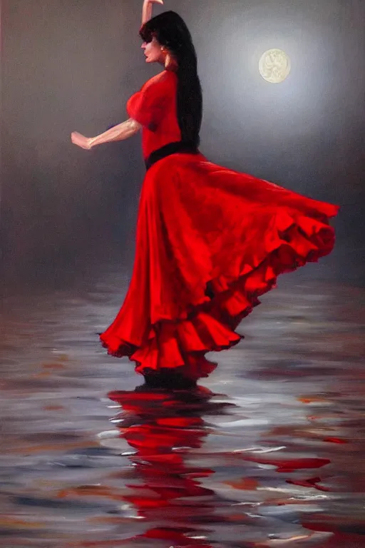 Image similar to detailed oil painting of spanish flamenco dancer standing in water, wearing a dress red dress that's floating, midnight, moon, dimly lit, looking away, dark shadows, ethereal, photo realistic, high definition, 4 k, slr