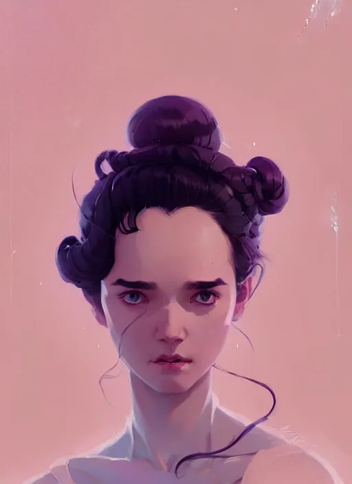 Image similar to highly detailed portrait of an androginous person, soft background, ringlet hair by atey ghailan, by greg rutkowski, by greg tocchini, by james gilleard, by joe fenton, by kaethe butcher, gradient violet, black, cream and white color scheme, trending in pinterest, award winning details