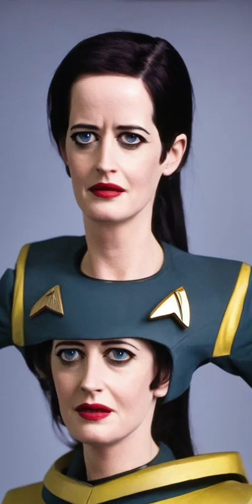 Image similar to a full body photograph of 3 0 year old eva green as a star fleet officer from star trek next generation, ultra rendered, extreme realism and detail, 8 k, highly detailed, realistic, completely framed, hyper realistic, colorful, direct lighting, 3 5 mm photo, photorealistic, sharp focus