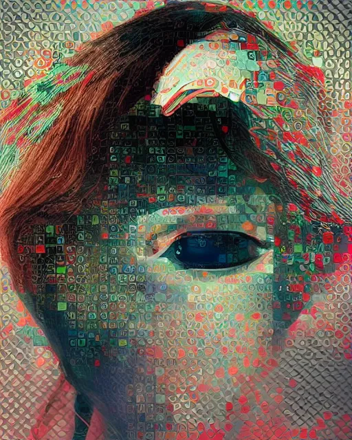 Image similar to A broken monitor with the calm, pretty face of an AI woman on it. Very very very strong glitches on the monitor. The face is blurry with glitches. Extremely high detail, glitchcore, glitches, glitch, cyberpunk, deep colors, 8k render