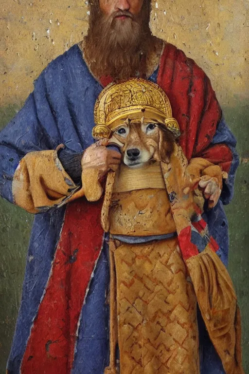 Prompt: Slavic dog head man, woolen torso in medieval clothes, Orthodox Saint Christopher, oil painting, hyperrealism, beautiful, high resolution, trending on artstation, with an axe,