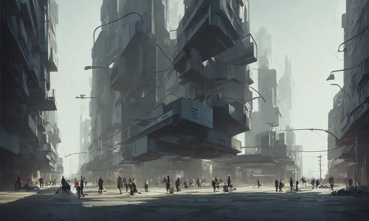 Image similar to simple streetscape, brutalist architecture, white neon lighting, flying vehicles, pedestrians walking, greg rutkowski, syd mead, ralph mcquarrie, concept art, matte painting, highly detailed, rule of thirds, dynamic lighting, cinematic, detailed, denoised, centered