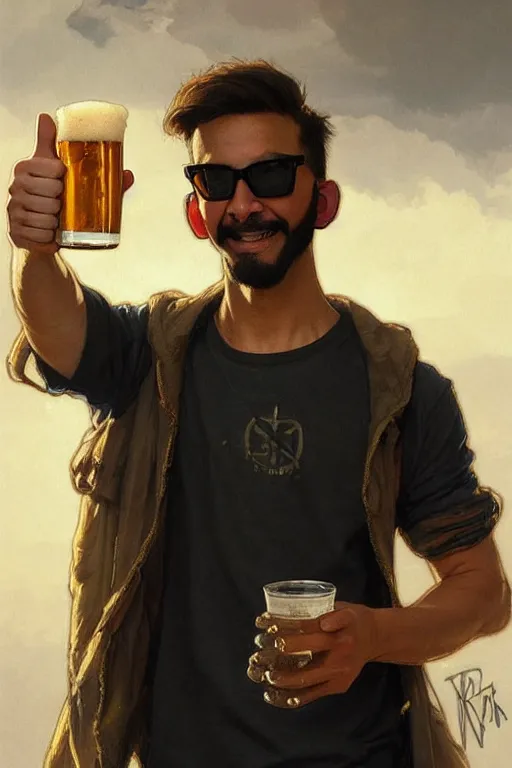 Prompt: a young man wearing raybands holding a beer giving a thumbs up with a long beard, real life skin, intricate, elegant, highly detailed, artstation, concept art, smooth, sharp focus, art by artgerm and greg rutkowski and alphonse mucha