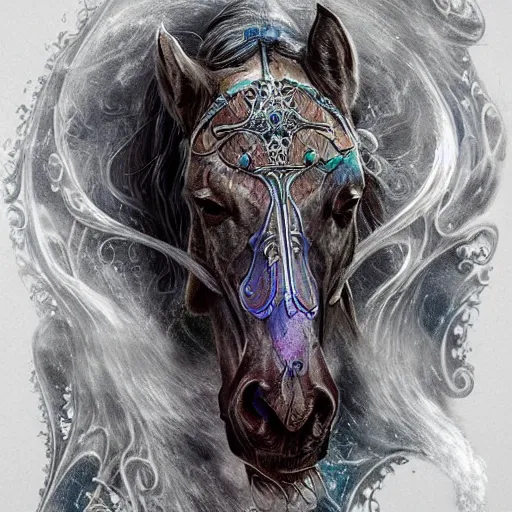 Image similar to a wlop 3 d render of very very very very highly detailed beautiful mystic portrait of a phantom undead horse with whirling galaxy around, tattoos by anton pieck, intricate, extremely detailed, digital painting, artstation, concept art, smooth, sharp focus, illustration, intimidating lighting, incredible art,