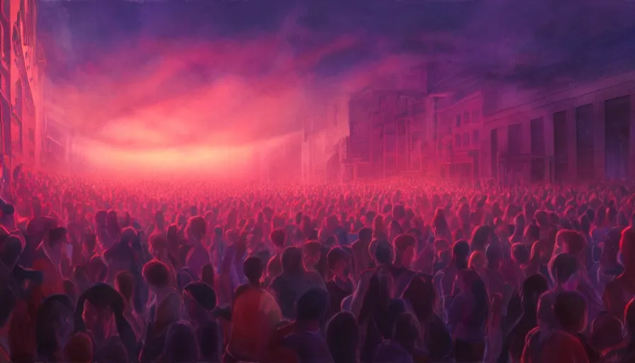 Image similar to painting of a crowd reaching towards the glowing sky, volumetric lighting, nasty, hyperdetailed, realistic