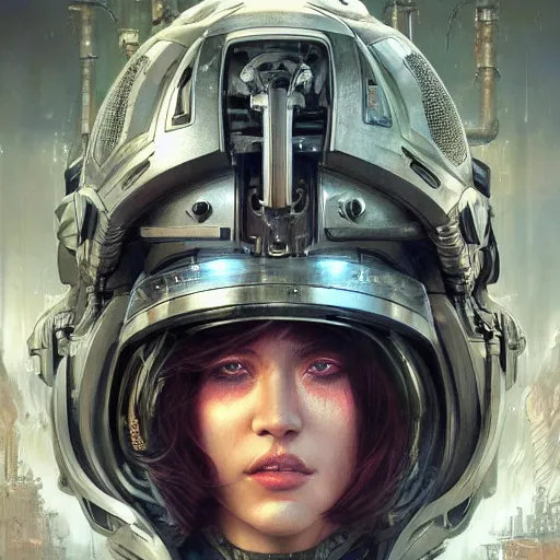 Image similar to Futuristic female soldier with open helmet in armour standing in a machine city with alien plants, portrait, highly detailed, fractals, ornate, cinematic, 8k, by Stanley Artgermm, Tom Bagshaw, Greg Rutkowski, Carne Griffiths, Ayami Kojima, trending on DeviantArt, hyper detailed, full of color, digital art,