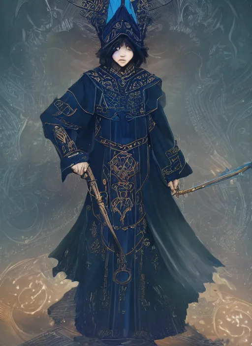 Image similar to a highly detailed illustration of short black haired young asian wizard wearing ornate navy robe and mage hat, dramatic reading spell book pose, intricate, elegant, highly detailed, centered, digital painting, artstation, concept art, smooth, sharp focus, league of legends concept art, WLOP