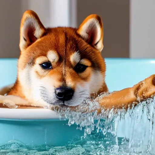 Prompt: Shiba inu puppy takes a bath