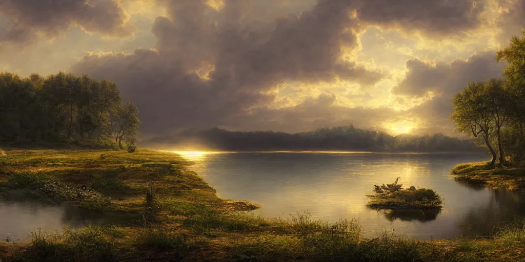 Prompt: a beautiful lake landscape in summer, by Ernest deutsch + Ted Nasmith, cinematic lighting, masterpiece, highly detailed, 8k resolution, trending on art station