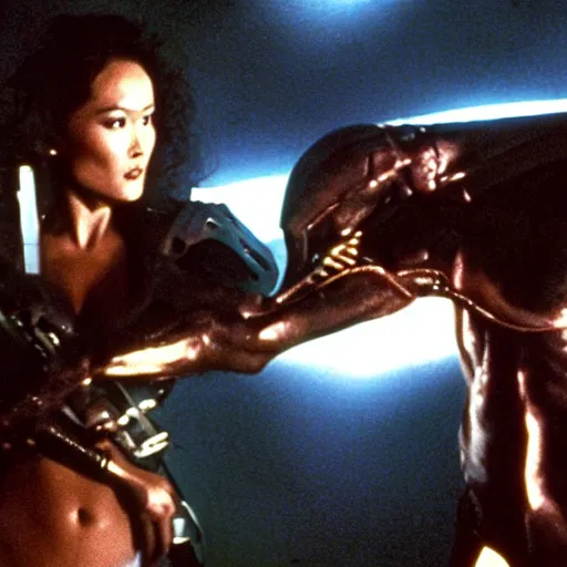 Prompt: movie still, 1 9 8 0 s, tia carrere as armored alien hunter, hyperdetailed, by ridley scott and john carpenter, blue leds