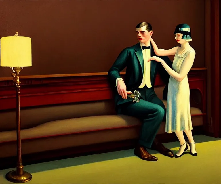 Prompt: a beautiful classy partying couple, dimly lit upscale 1920s speakeasy, relaxed pose, art deco, detailed painterly digital art style by Edward Hopper, retro vibe, 🍸, 8k octane beautifully detailed render, post-processing, extremely hyperdetailed, intricate, epic composition, grim yet sparkling atmosphere, cinematic lighting + masterpiece, trending on artstation, very detailed, vibrant colors, Art Nouveau, masterpiece