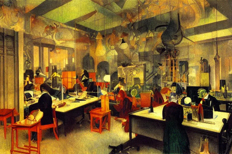 Prompt: a busy office, glowing with silver light, color by Franz Marc, highly detailed architecture by Jean-Léon Gérôme, by Winsor McCay, today's featured photograph, 16K