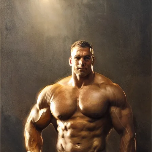 Image similar to handsome portrait of a spartan guy bodybuilder posing, radiant light, caustics, war hero, apex legends, steel bull run, by gaston bussiere, bayard wu, greg rutkowski, giger, maxim verehin