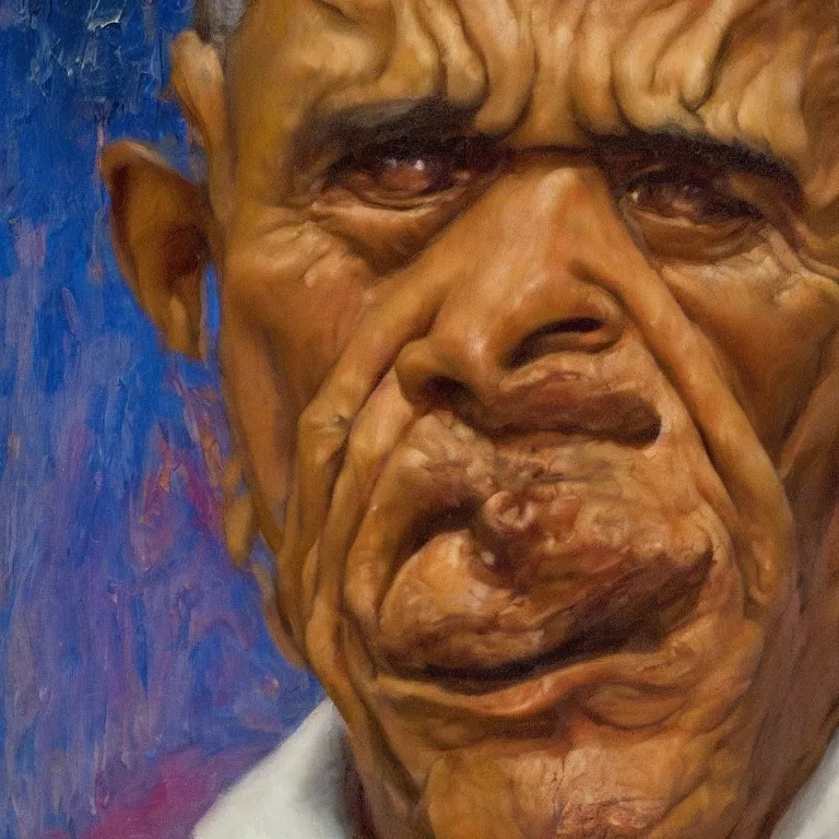 Prompt: warmly lit close up studio portrait of very old angry! Barack Obama age 115 angrily singing, impasto oil painting thick brushstrokes by Cy Twombly and Willem De Kooning , trending on artstation dramatic lighting Expressionism