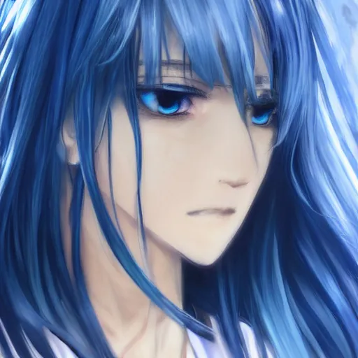 Image similar to profile shot of rimuru tempest, sky blue, straight hair, long bangs, amber eyes, wearing a black jacket!! with white stripes, high collar, highly detailed, unreal engine 5, digital painting, cinematic, wlop | artgerm, pixiv, yoshitaka amano, greg rutkowski, ilya kuvshinov, andy warhol