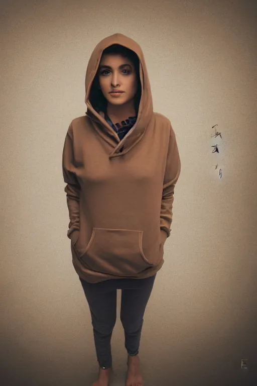 Prompt: short brown hair Arab Spanish shy beautiful young woman in a beige hoodie, Diwani calligrapher using bamboo pen, cinematic lighting, rule of thirds, by Dave Gibbons