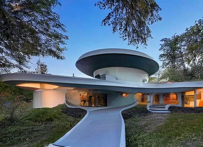 Image similar to zillow listing of a retro futuristic science fiction home for sale in the year 2400