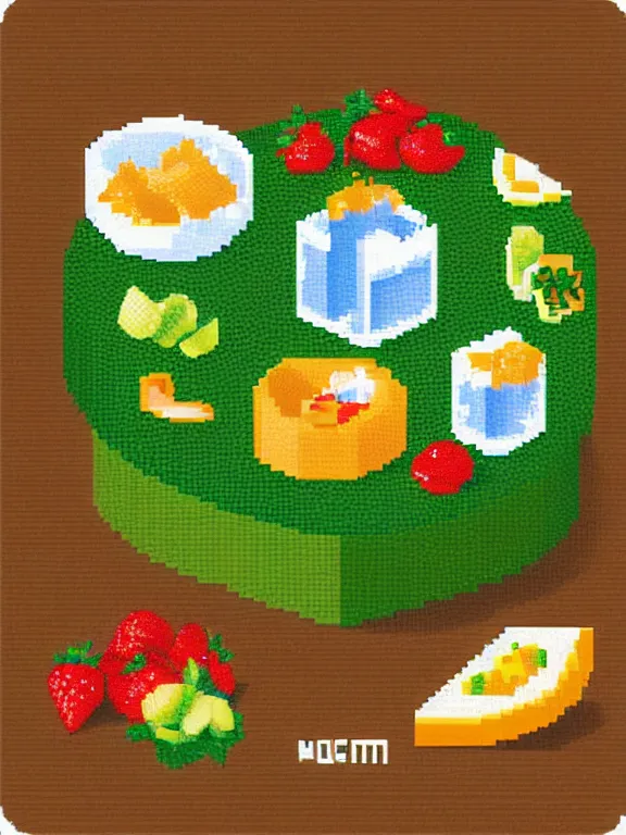 Image similar to miniature isometric pixel art diorama of yogurt with fruits