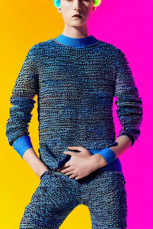 Image similar to stylish pullover for a rave bright colors, many details, photo for a magazine, photo for a store, fashion photography, Vogue, cinematic, hyper realism, high detail, 8k, very coherent symmetrical work, perfect face model, full length photo, Upper and lower body, white eyes, photographer style by Nik Night Erik Madigan Hec and Walter Chin and Camilla Akrans and Miles Aldridge