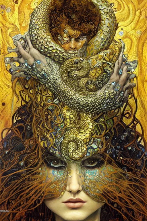 Image similar to Rebirth by Karol Bak, Jean Deville, Gustav Klimt, and Vincent Van Gogh, mysterious portrait of a sacred serpent, Surreality, radiant halo, shed iridescent snakeskin, otherworldly, enigma, fractal structures, celestial, arcane, ornate gilded medieval icon, third eye, spirals