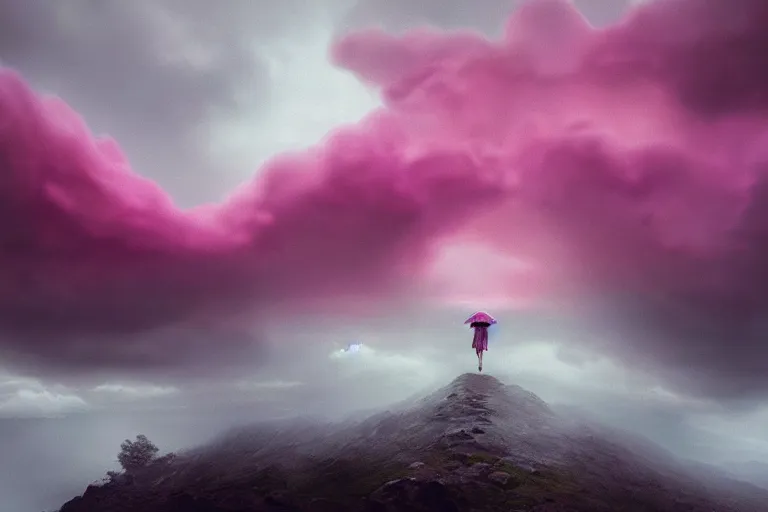 Image similar to giant dahlia flower crown under head, girl walking on mountain, surreal photography, pink and grey storm clouds, dramatic light, impressionist painting, digital painting, artstation, simon stalenhag